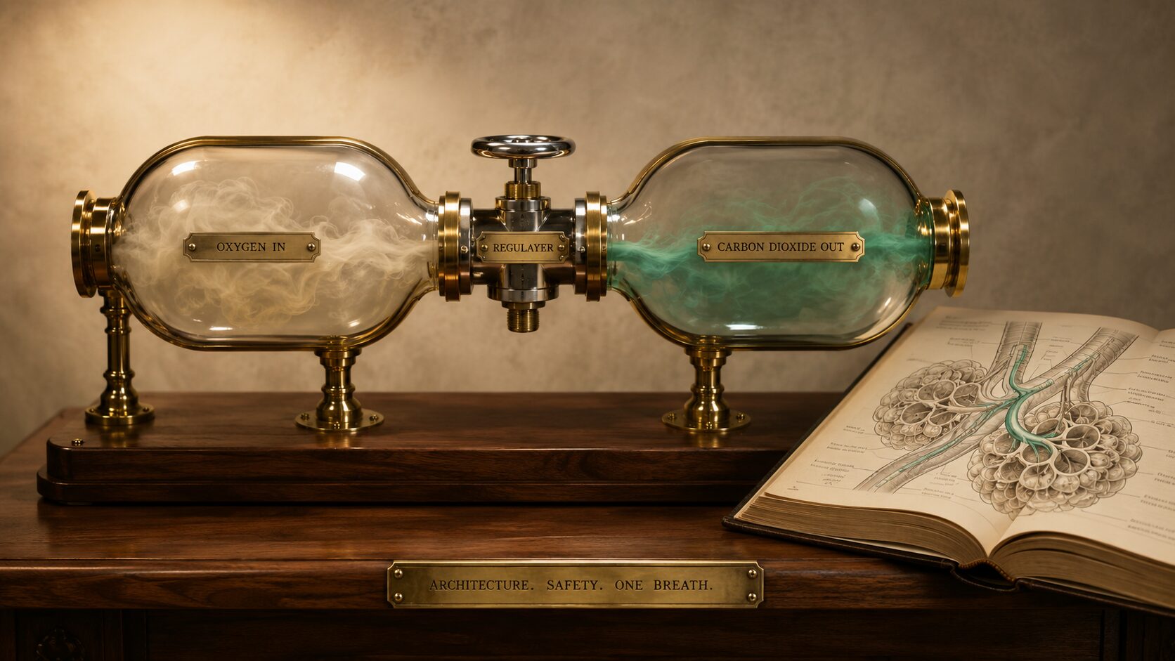 A vintage industrial respirometer. Two brass-fitted glass cylinders, one engraved Oxygen In, one engraved Carbon Dioxide Out, joined by a chrome Regulator valve. Green vapor crosses the centre. On a walnut bench beside an anatomy book, a brass plaque reads Architecture. Safety. One breath.