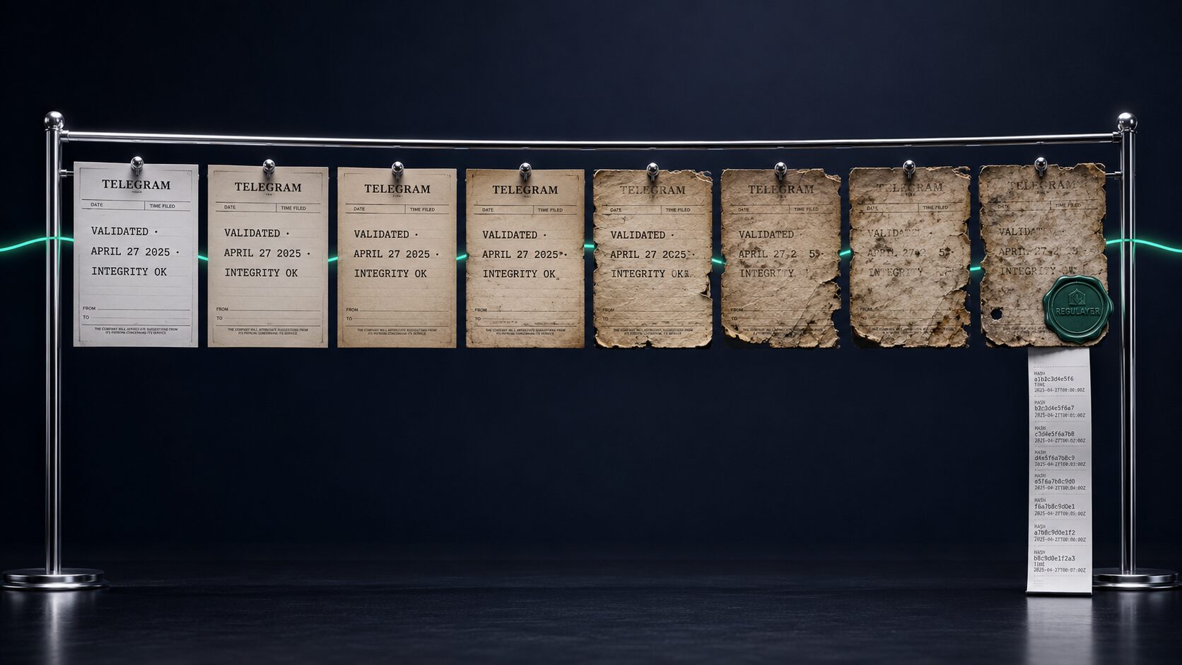 Eight telegrams strung on a chrome wire, each more decayed than the last. A glowing emerald light-thread runs behind all eight and stamps a fresh wax REGULAYER seal on the rightmost telegram. A printed cryptographic receipt hangs beneath, showing the hash chain.