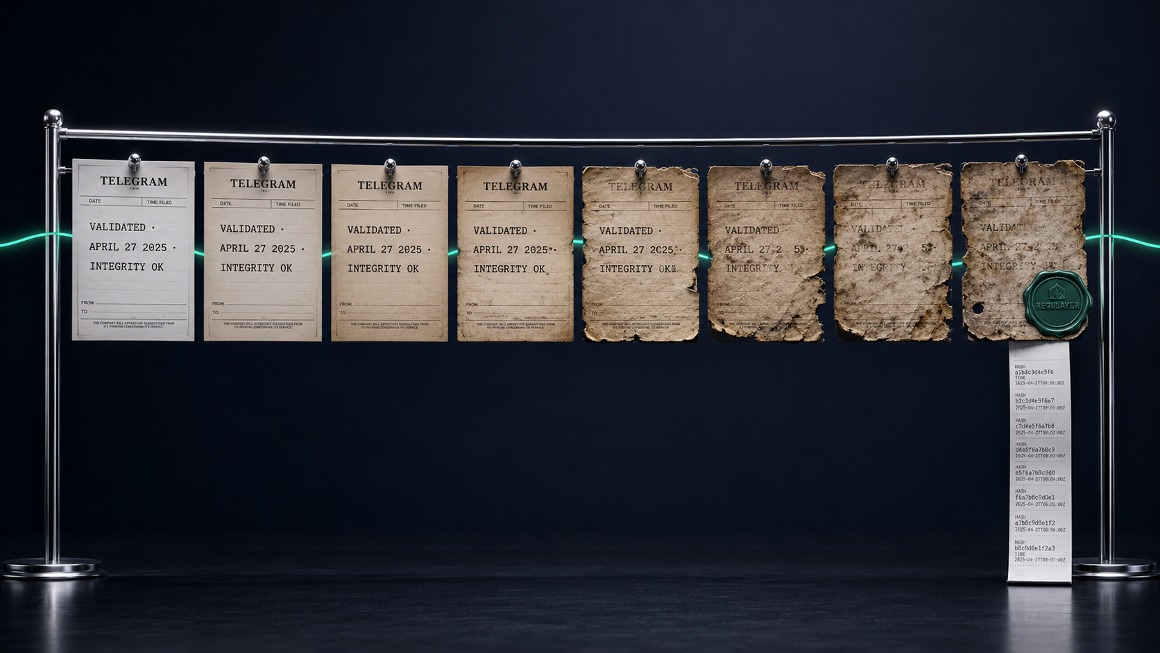 The same telegram, eight passes: the first is sharp, the last is gone. The sealed record beside it holds.