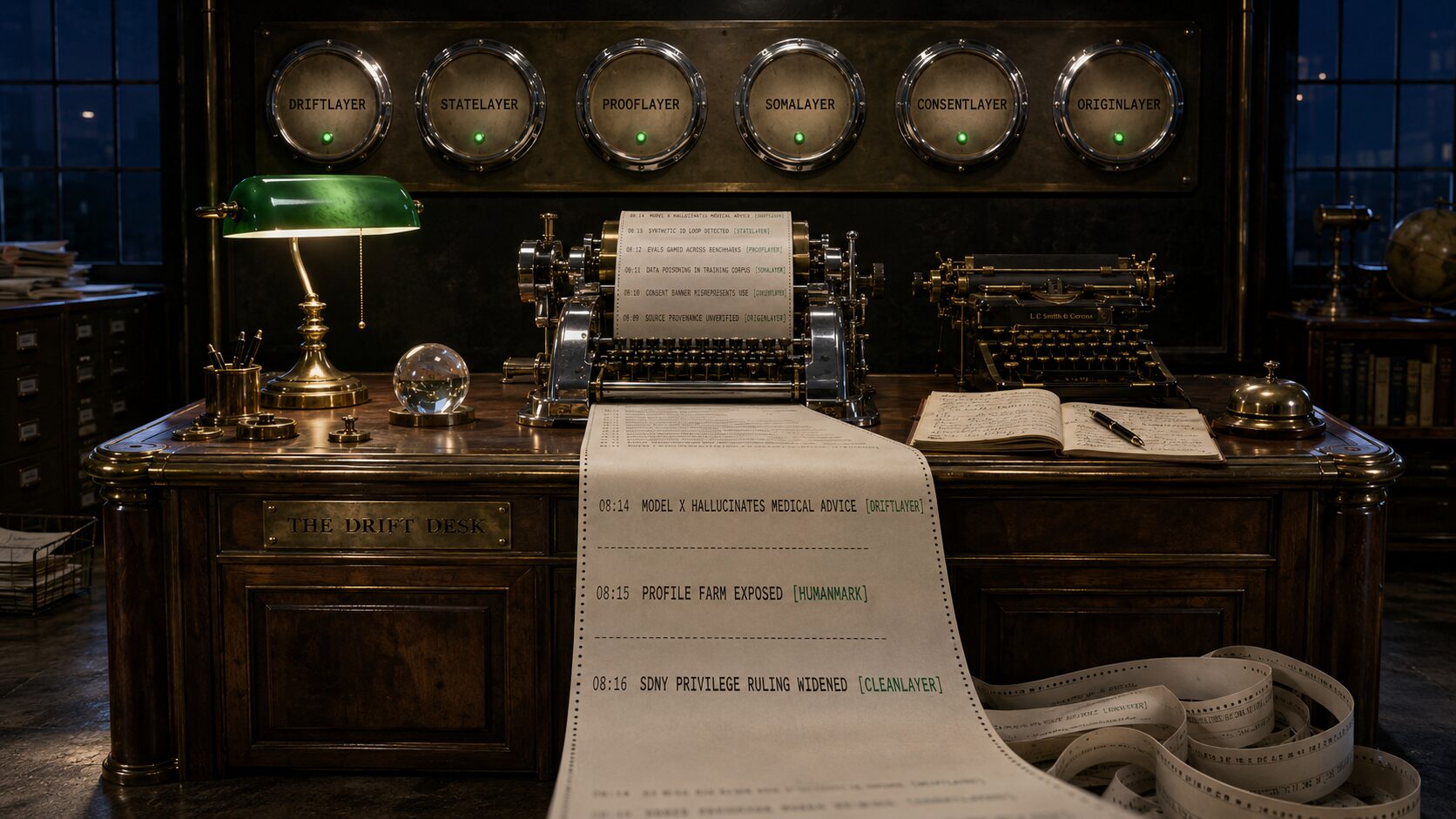 A vintage editorial desk in a bright newsroom. Brass banker's lamp, walnut surface, a printed bulletin emerging from a teletype with headlines tagged by the Regulayer layer that anchors each one. A wall of chrome-rimmed layer indicators behind the desk. Cream daylight from a tall window.