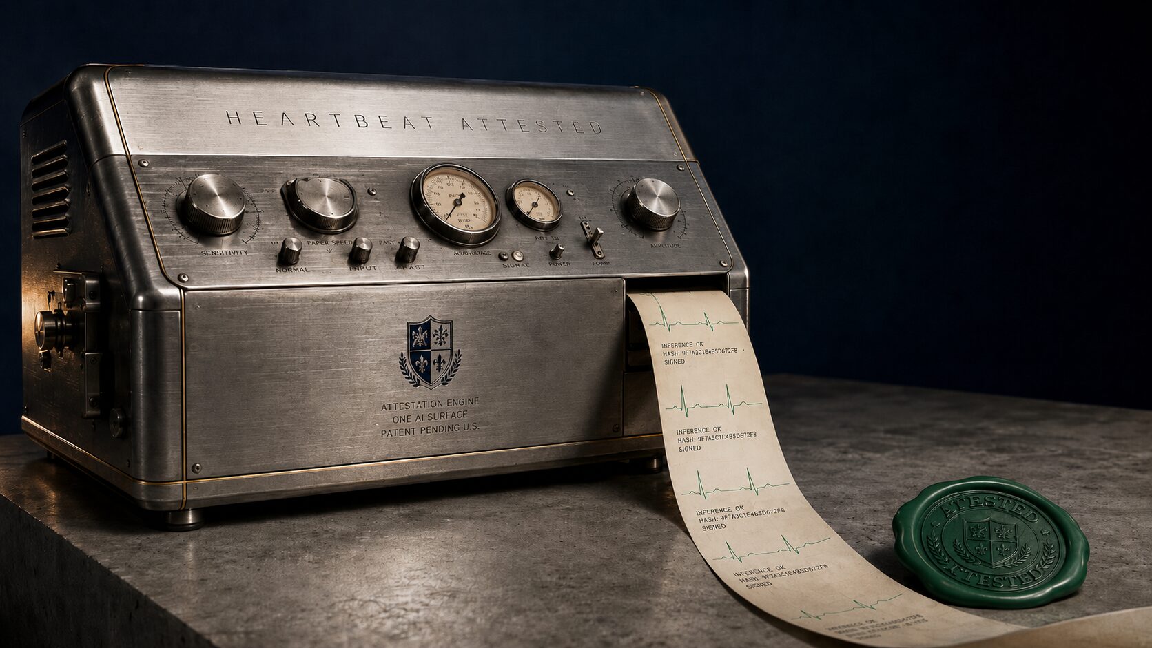 A brushed-steel vintage attestation engine engraved HEARTBEAT ATTESTED across the top, with calibration dials, gauges and switches. A signed receipt strip emerges from the side carrying ECG pulse waveforms and per-inference signed entries. A green wax ATTESTED seal sits beside it.