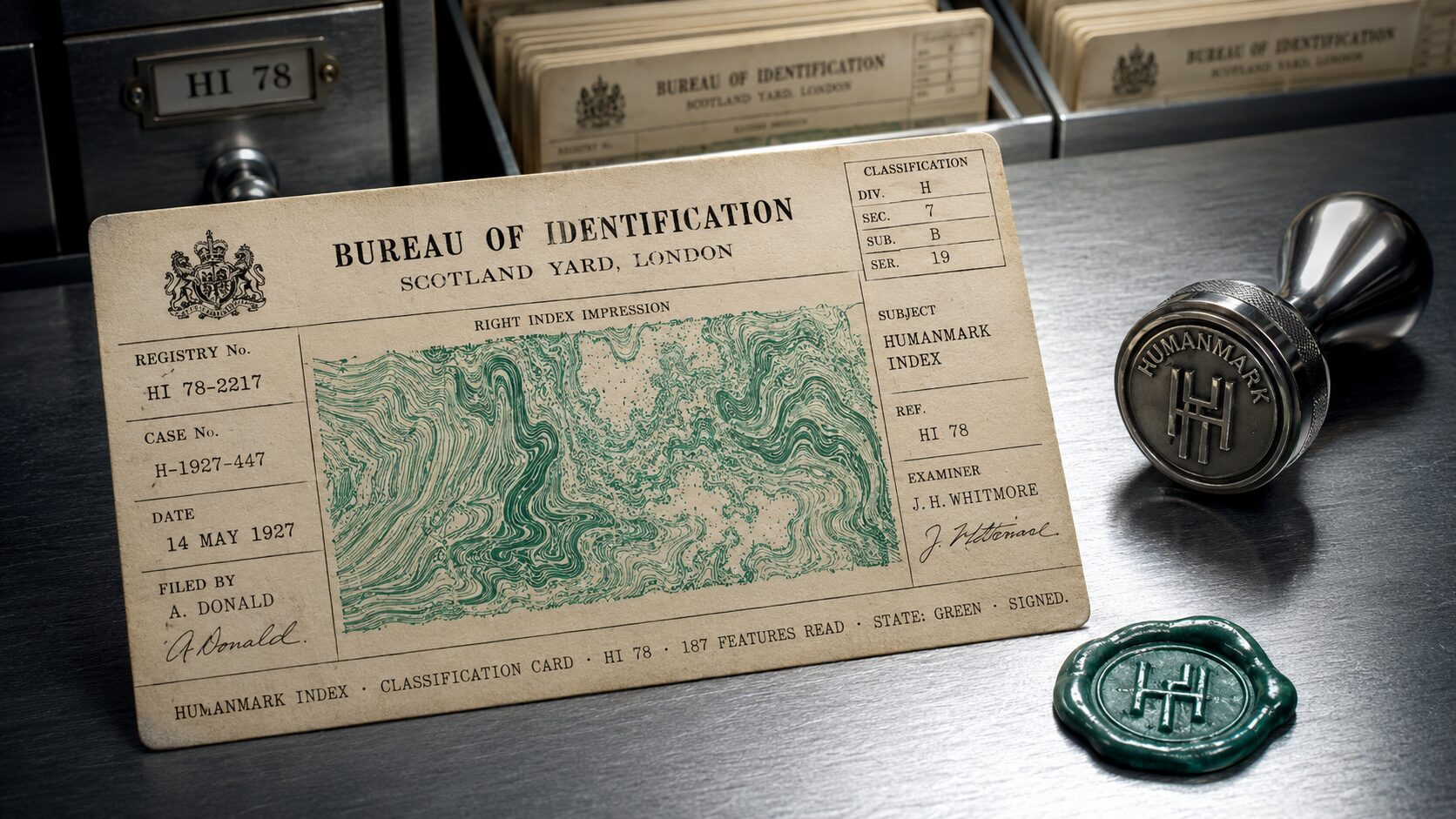 A vintage forensic investigation room. A brass magnifying lens hovers over a fingerprint card on a brushed steel examination table. The fingerprint ridges glow faintly emerald with the HumanMark cryptogram woven into the pattern. Cabinet shelves behind hold leather-bound case files.