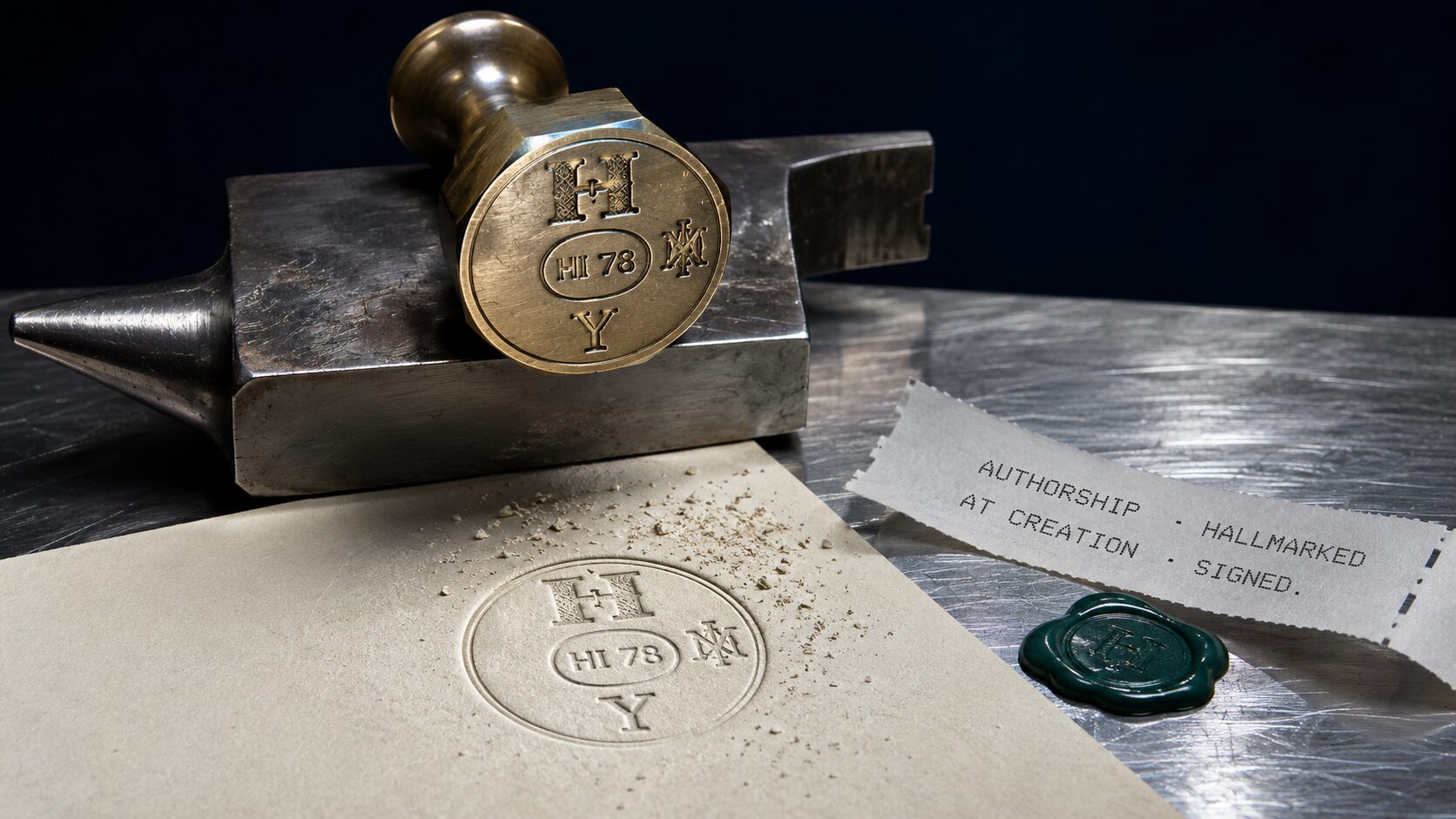 A vintage brass-and-steel hallmarking press on a brushed steel bench. An engraved hallmark stamp is being pressed into a sheet of paper, leaving a deep emerald mark with the HumanMark cryptogram. A signed cryptographic receipt emerges from the side of the press.