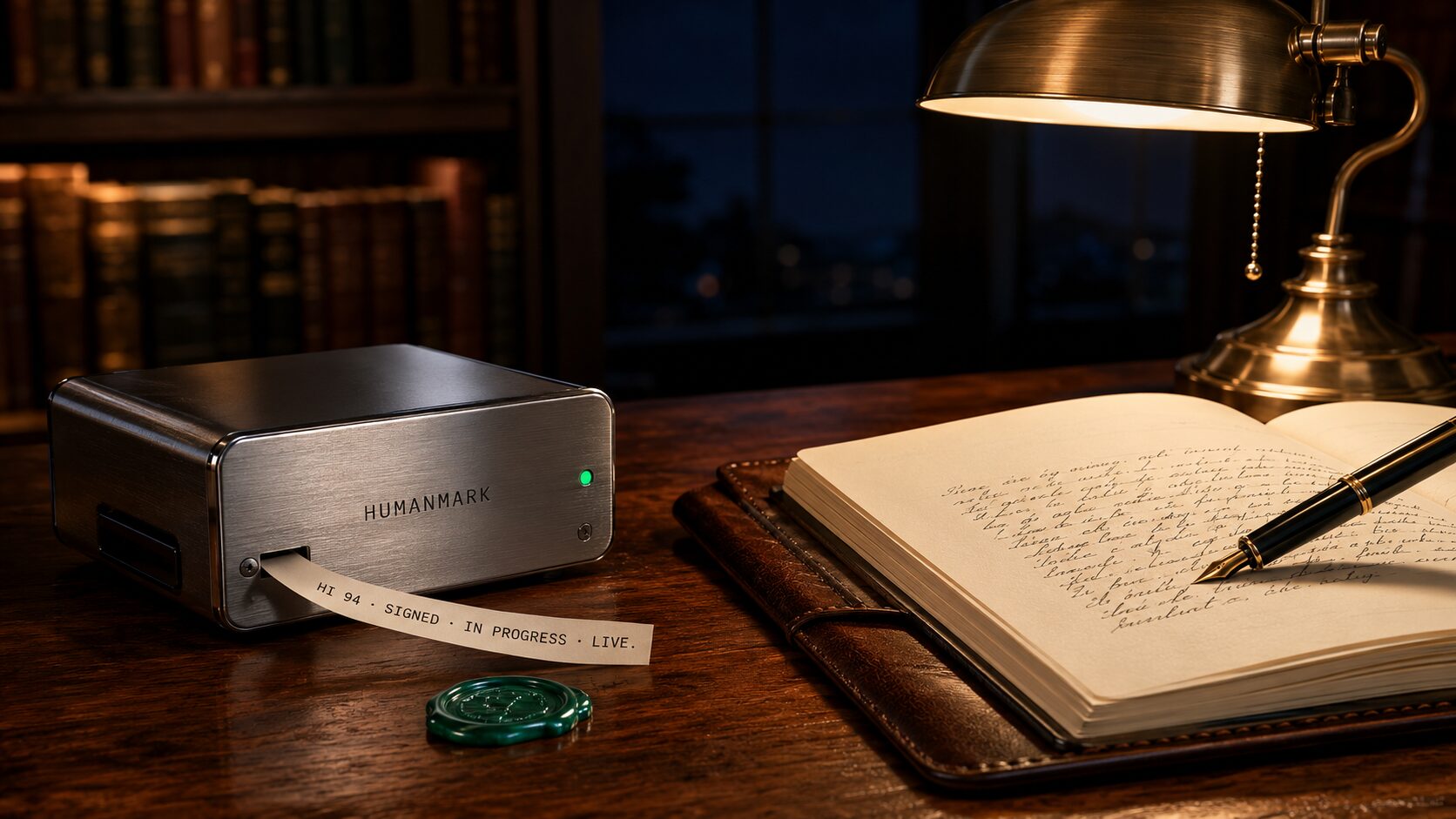 A vintage notarial study. A leather-bound ledger lies open on a brass-railed walnut desk. A wax seal embossed with the HumanMark cryptogram sits beside a signed authorship certificate. A brass banker's lamp illuminates the scene. The notarial register reads HumanMark · Living Notary.