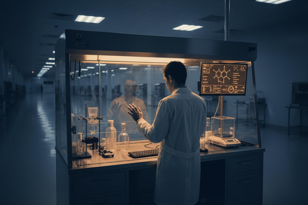 A pharmacist compounding at a glass isolator in a regulated facility