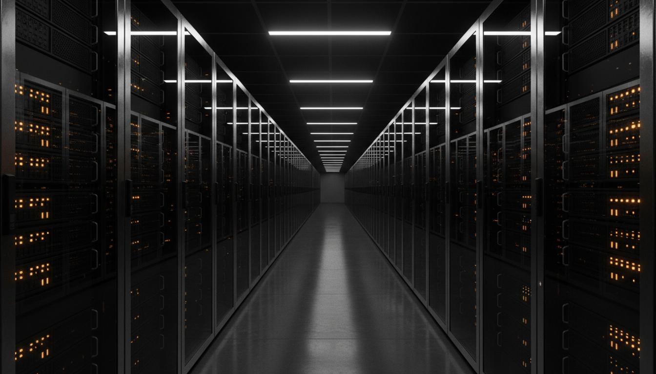 A dark server corridor with status lights
