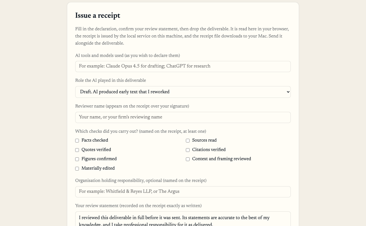 The AI Work Receipt program showing the declaration form: the AI tools used, the role the AI played, the reviewer name, and the seven checks to choose from
