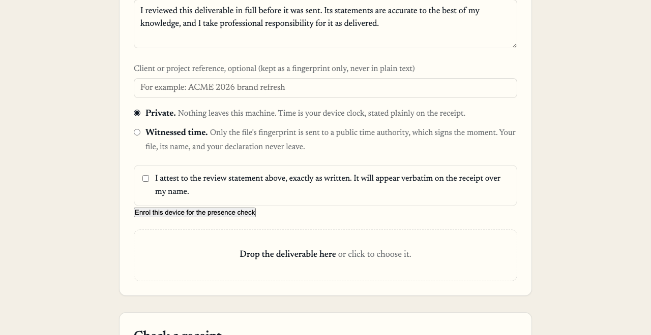 The program showing the review statement, an optional client reference, the choice between private device time and witnessed time, the attestation tick box, and the area to drop the file