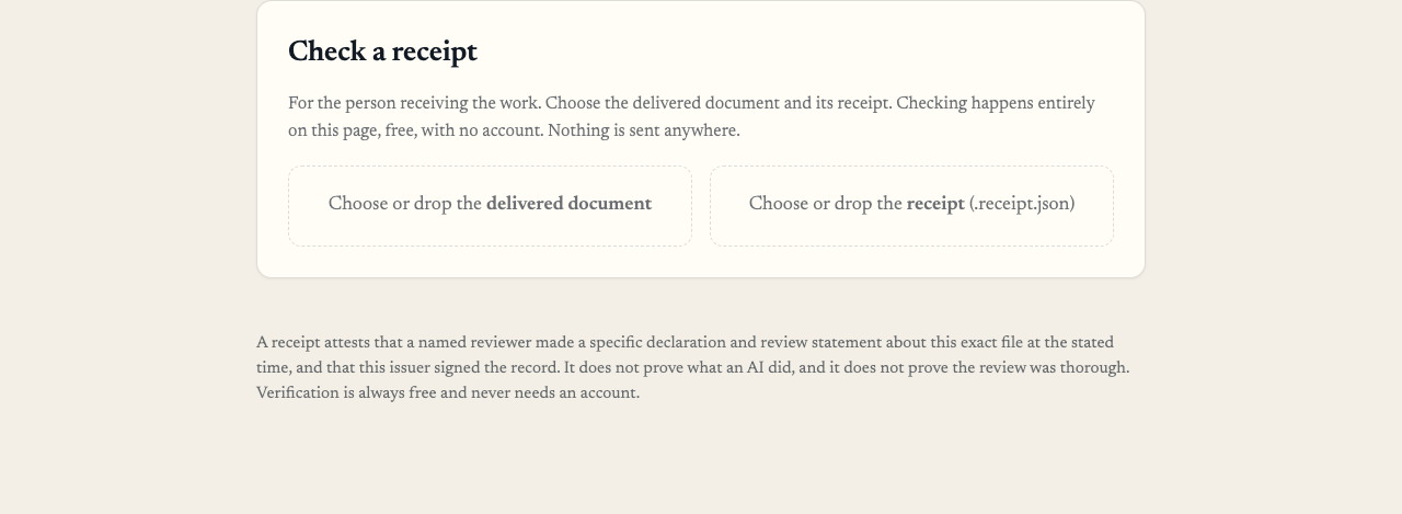 The program showing the check a receipt panel, with places to drop the delivered document and the receipt file, and a note that checking is free and needs no account