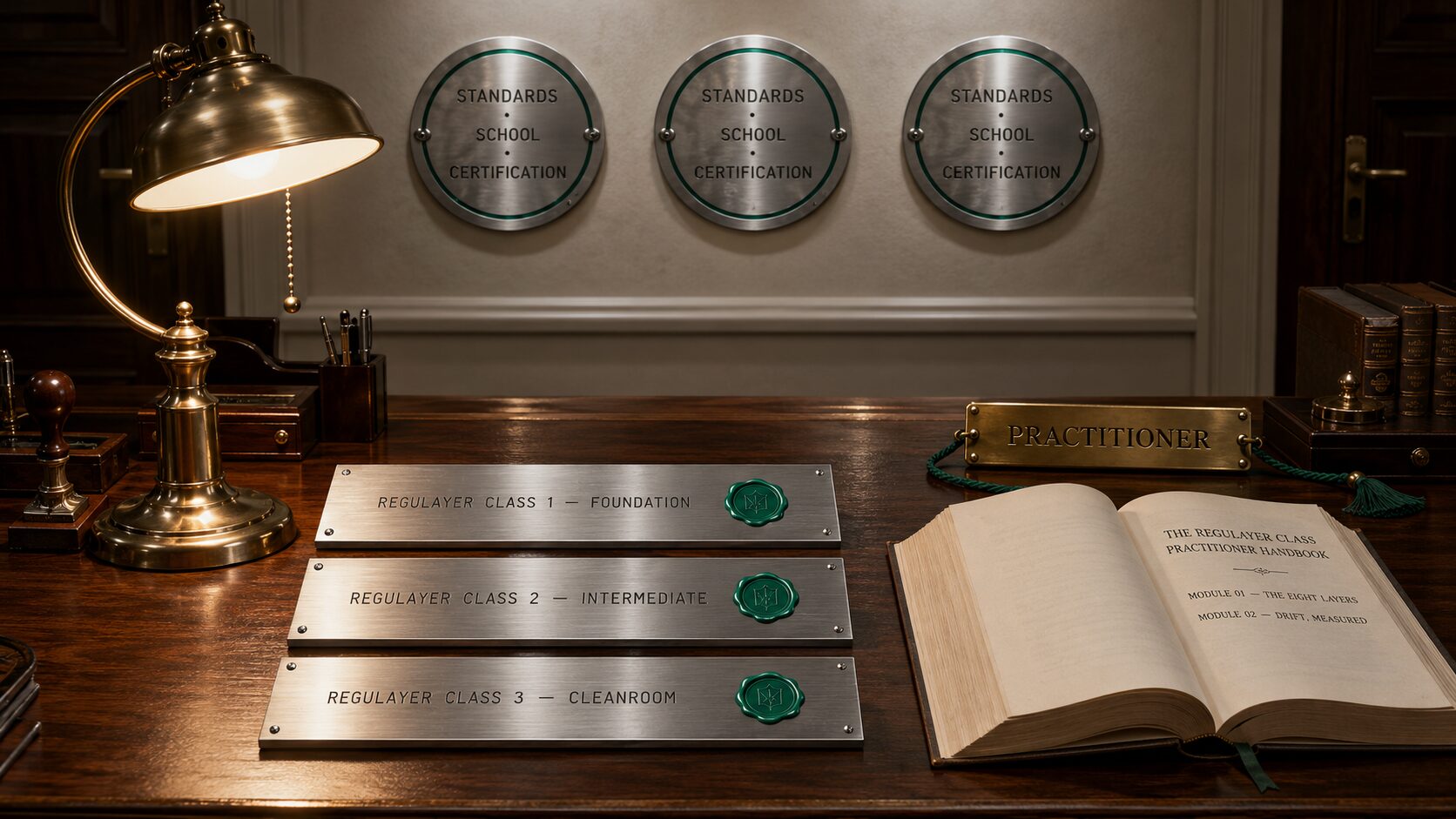 A vintage industrial study. Three brass medallions on the wall engraved Standards, School, Certification. Three brass nameplates on a walnut desk engraved Regulayer Class 1 Foundation, Regulayer Class 2 Intermediate, Regulayer Class 3 Cleanroom, each carrying an emerald wax seal. A brass plaque reads Practitioner. An open book showing the Regulayer Class practitioner pathway. Brass banker's lamp, brushed steel, deep navy backdrop.