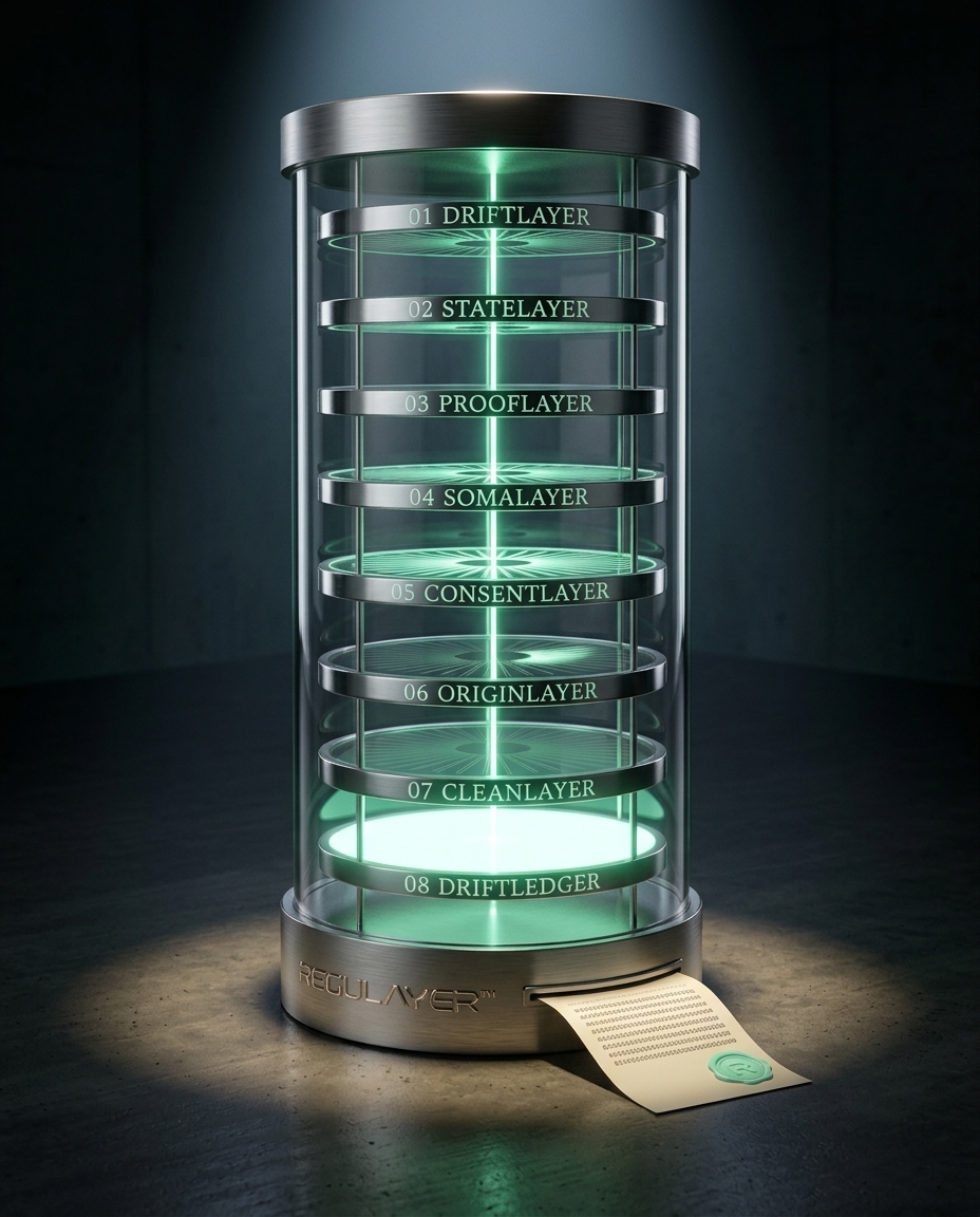 Regulayer kernel. Eight cooperating layers sealed inside a glass and metal vault. A cryptographic receipt printing from the base.