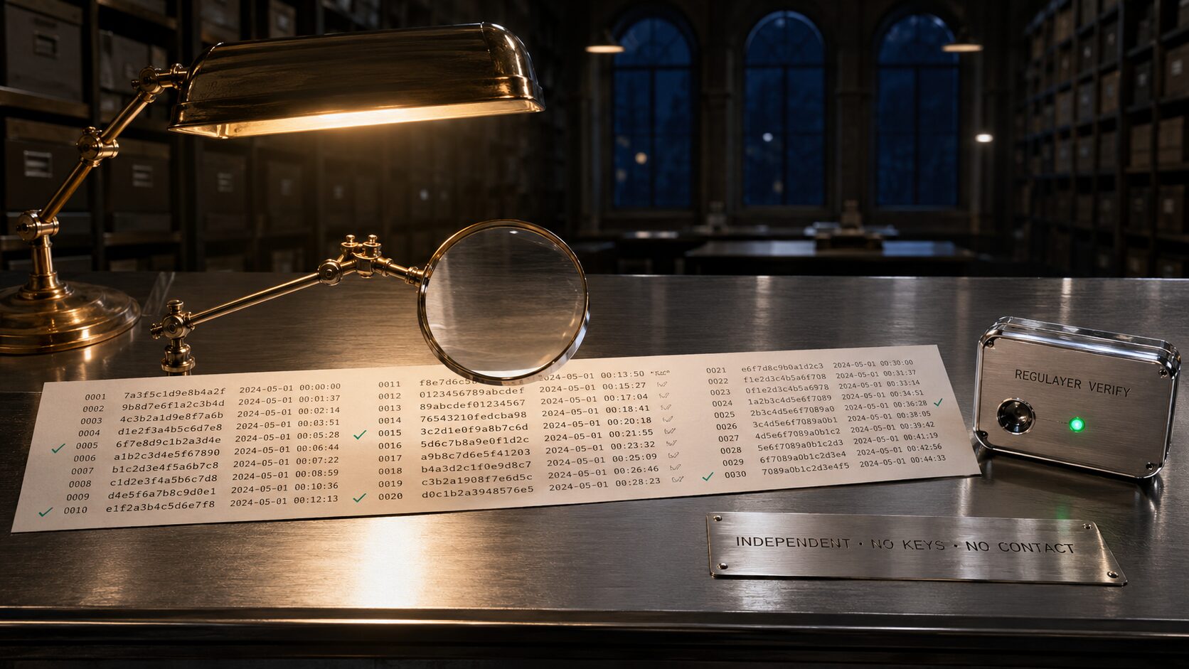 A vintage chrome and brushed-steel institutional reading table in an austere archive room. A long printed cryptographic receipt strip unfolds across the table; each entry verified with a small emerald check mark. A precision chrome reading instrument engraved REGULAYER VERIFY sits beside it with a chrome plate reading INDEPENDENT NO KEYS NO CONTACT. No cables, no network.
