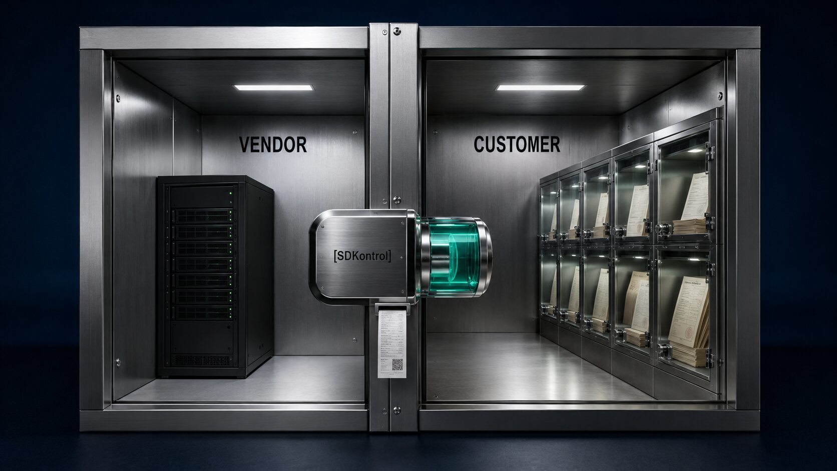 Cross-section of two adjacent brushed-steel rooms separated by a precision bulkhead. Left room labeled VENDOR holds a single black server rack. Right room labeled CUSTOMER holds rows of glass cabinets storing physical legal records. Embedded in the bulkhead: a chrome housing engraved [SDKontrol] with an emerald-glowing sealed execution chamber extending into the customer side. A signed cryptographic receipt emerges through a chrome slot. No cables cross the bulkhead other than the SDKontrol housing.