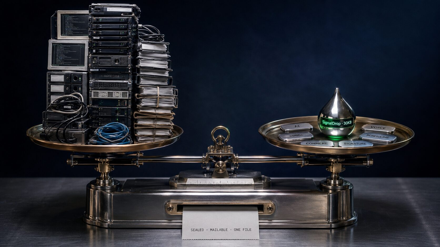 A vintage brass apothecary balance on a brushed-steel bench. On the left pan, a stack of platform tokens. On the right pan, a single chrome droplet engraved SignalDrop. The arms hang in equilibrium. A brass nameplate at the foot reads The economy in balance.