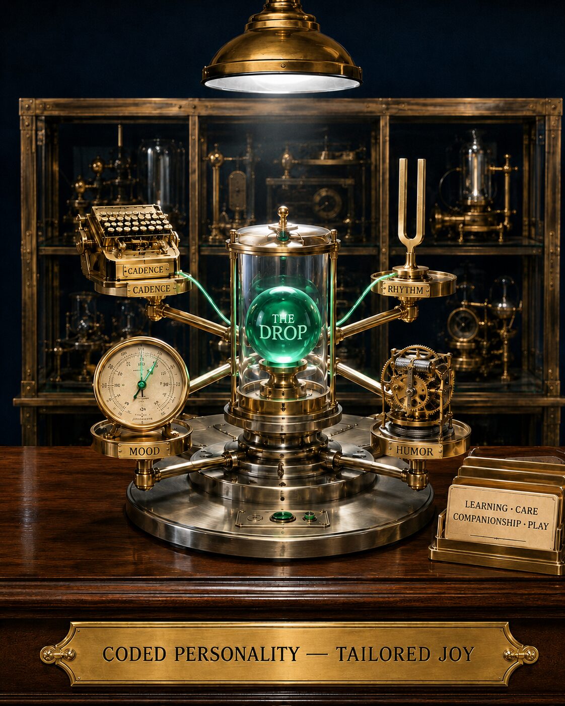 A vintage industrial laboratory apparatus on a polished walnut bench. A glowing emerald orb engraved THE DROP sits inside a glass chamber at the centre. Around it, four brass instruments on radial arms labelled CADENCE, RHYTHM, MOOD, and HUMOR. Beside the apparatus, a small brass card-rack holds four cards engraved LEARNING, CARE, COMPANIONSHIP, PLAY. A brass plaque at the front reads CODED PERSONALITY — TAILORED JOY.