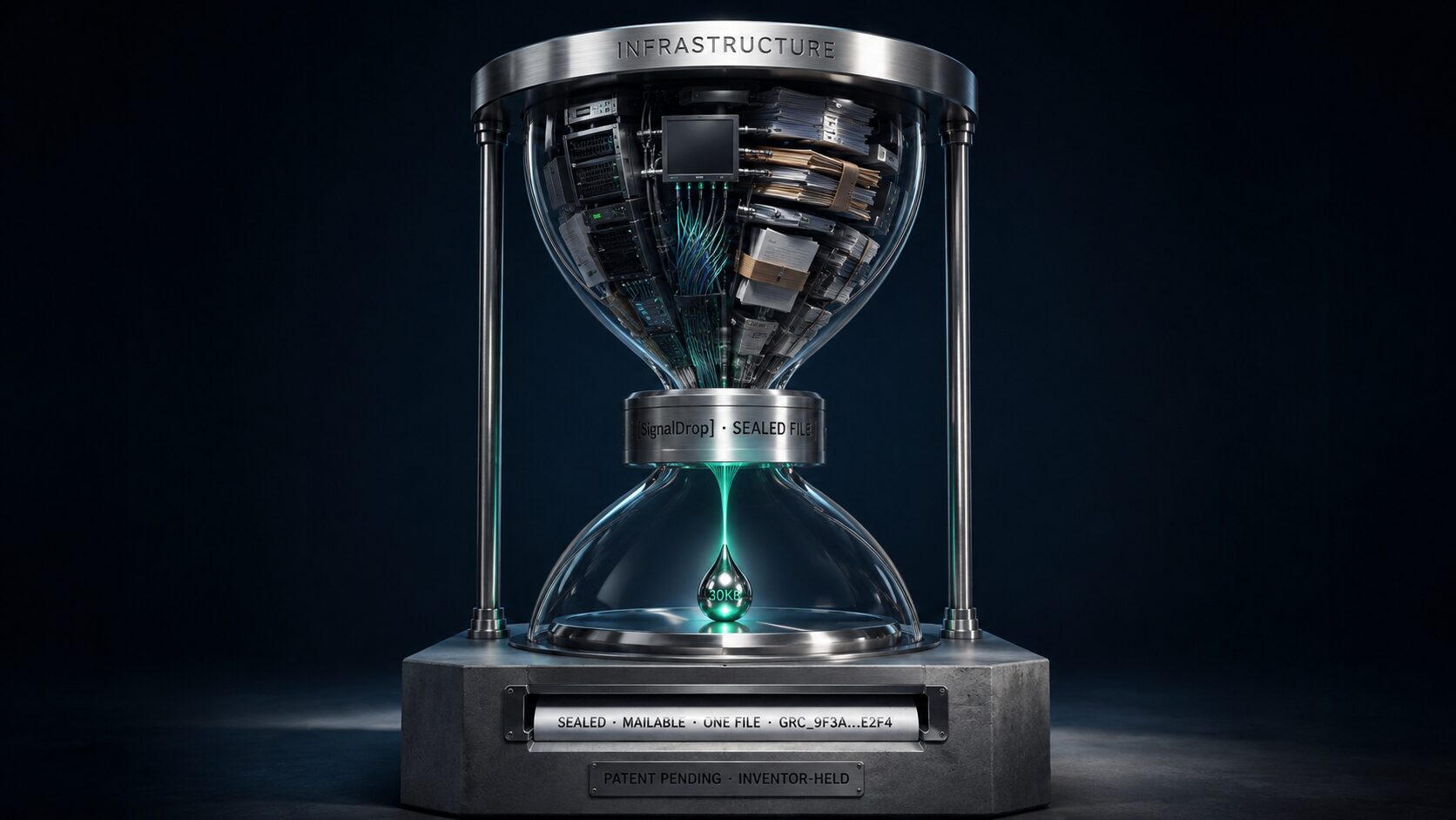 A vintage brass-and-glass hourglass on a brushed-steel base. Inside the glass, the falling grains are signed cryptographic receipts. A brass nameplate at the foot reads Receive. Open. Close.
