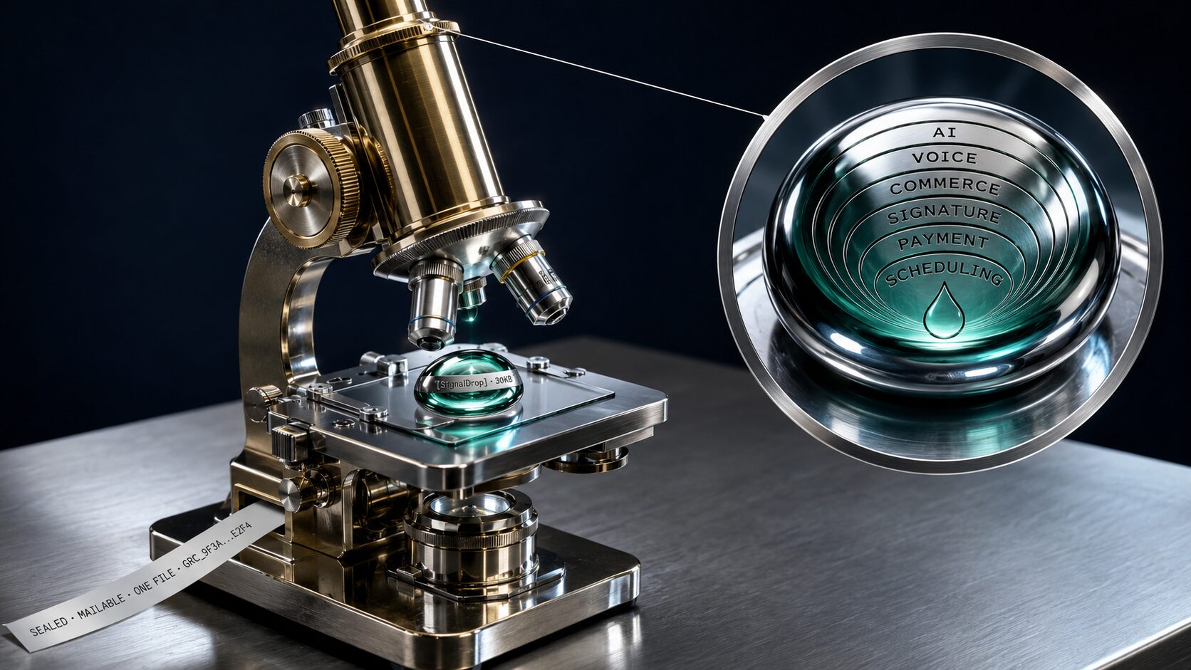 A vintage brass-and-chrome microscope on a brushed-steel bench. Beneath the lens, a single chrome droplet specimen on a glass slide, glowing faintly emerald, engraved SignalDrop 30KB. An inset circular eyepiece view shows the droplet magnified. Visible inside, six concentric bands engraved AI, VOICE, COMMERCE, SIGNATURE, PAYMENT, SCHEDULING. A signed cryptographic receipt emerges from the base.