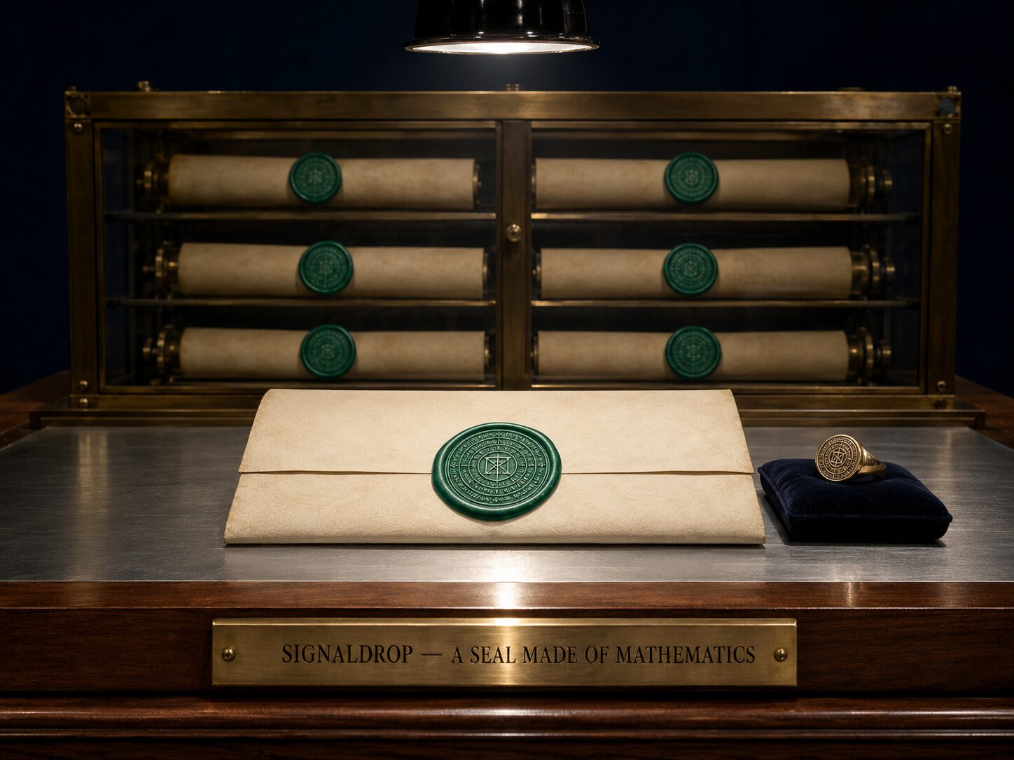 A parchment letter sealed with a deep emerald wax seal carrying an engraved cryptographic pattern. A brass signet ring rests beside it on a velvet cushion. Brass nameplate engraved SignalDrop — A Seal Made of Mathematics.