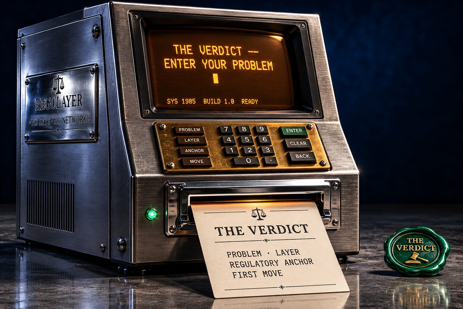 A monumental vintage industrial diagnostic terminal. Brushed-steel chassis, amber CRT screen, brass keypad. A printed verdict card emerges from a chrome slot showing PROBLEM, LAYER, REGULATORY ANCHOR, FIRST MOVE. An emerald wax seal stamped THE VERDICT sits beside it.