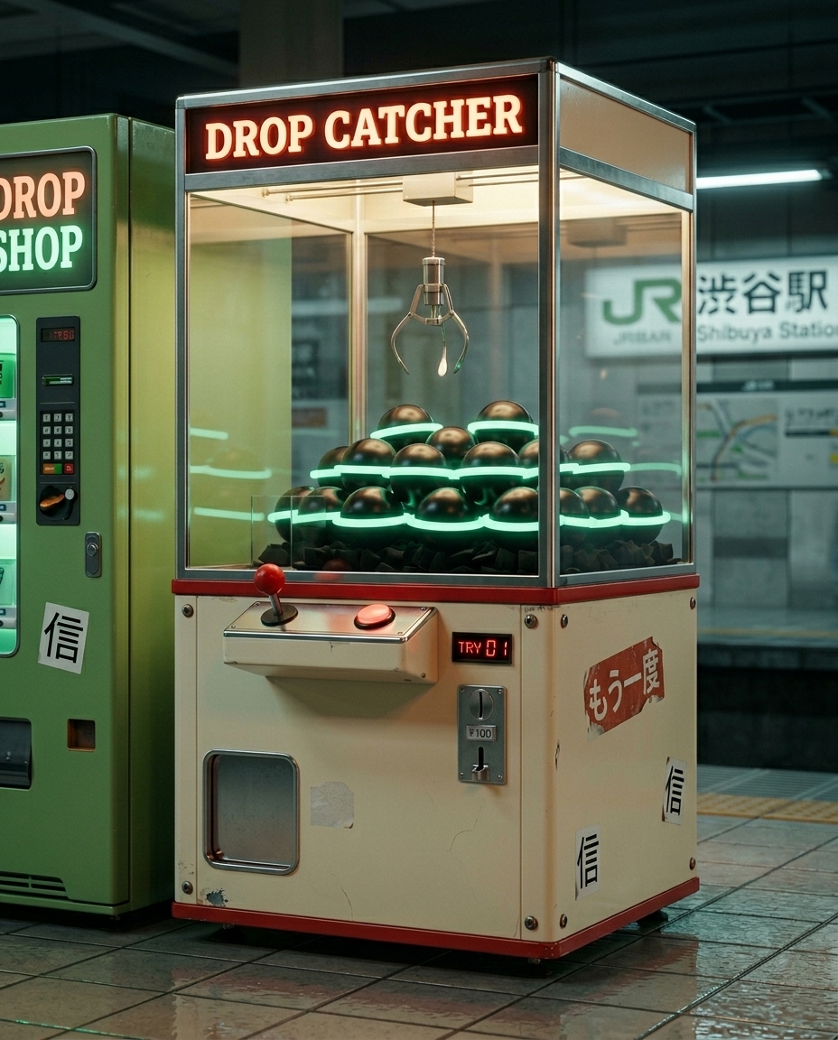 The Drop Catcher.pale cream 1972 claw catcher claw machine, glass cube of obsidian mint-ring orbs, brushed chrome claw
